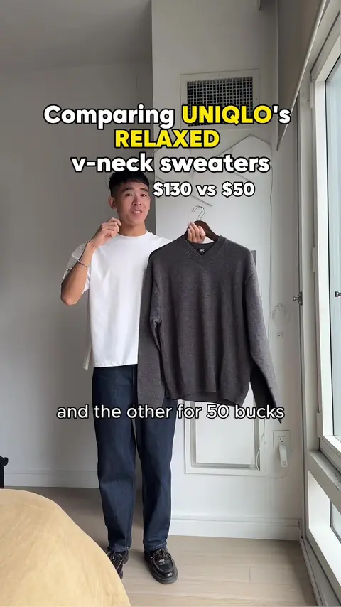 video cover: comparing uniqlo’s 2 relaxed v-neck sweaters from the uniqlo c collection ($130 vs $50)